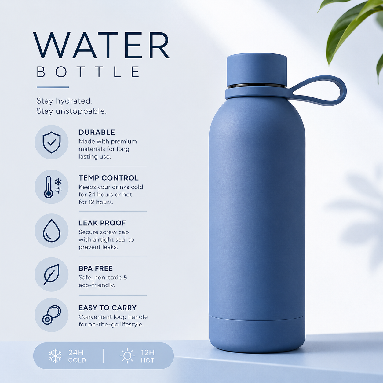 Vacuum Insulated Stainless Steel Water Bottle | 24H Cold & 12H Hot